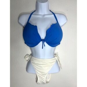 Victoria's Secret Blue Scalloped Halter Bikini Top Ivory Tie Bottom‎ 34DDD Large